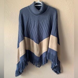 Wool Blend Fringe Turtleneck Cableknit Southwest Coastal Fringe Poncho O/S